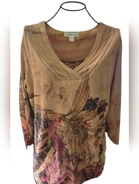 Coldwater Creek Women's Tan Floral V-Neck Long Sleeve Top Size L NWT